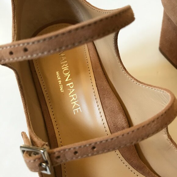 NEW Marion Parke Francine Sandals Heels Womens 37 7 Caramel Tan Suede Buckle NEW - Picture 4 of 12